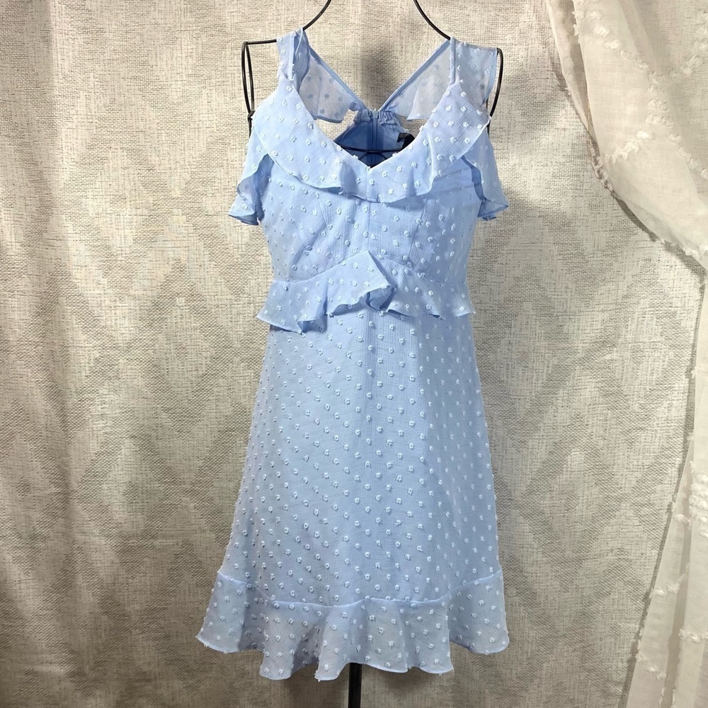 Aqua baby blue ruffle polka dot mini dress size XS